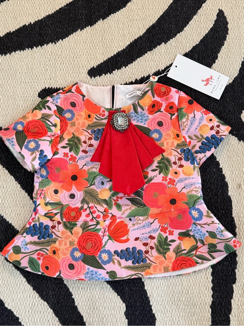 Mama Luna 🚨💐 Pink Floral Peplum Top with Red Bow Accent